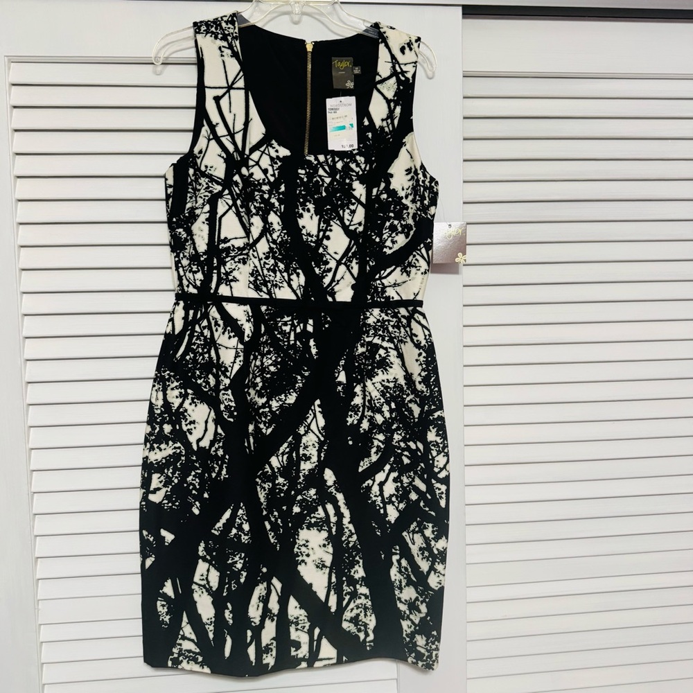 NWT Taylor Black &White & Light Green Tree Pattern Cocktail Dress sz 10